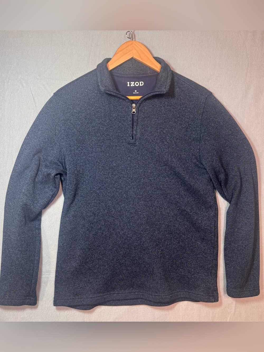 IZOD Men’s Quarter Zip Pullover Sweater Heather Navy Blue Size Medium